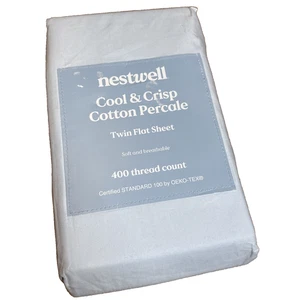 Nestwell Baumwollsatin 400 Fadenzahl Illusion blau Twin flaches Laken Neu in Verpackung - Bild 1 von 3