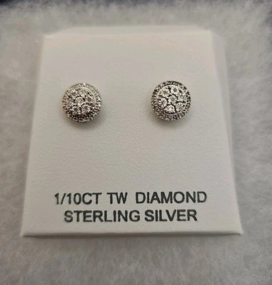 Sterling Silver 925 1/10 Carat TW Diamond Halo Stud Earrings New With Tags - Image 1 of 4
