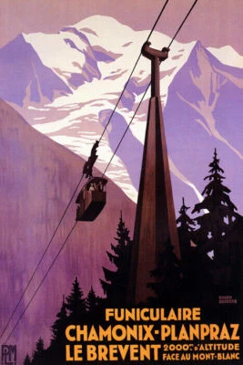 FUNICULAIRE CHAMONIX PLANPRAZ SKI MOUNTAIN CABLEWAY FRENCH VINTAGE POSTER REPRO - Image 1 of 3
