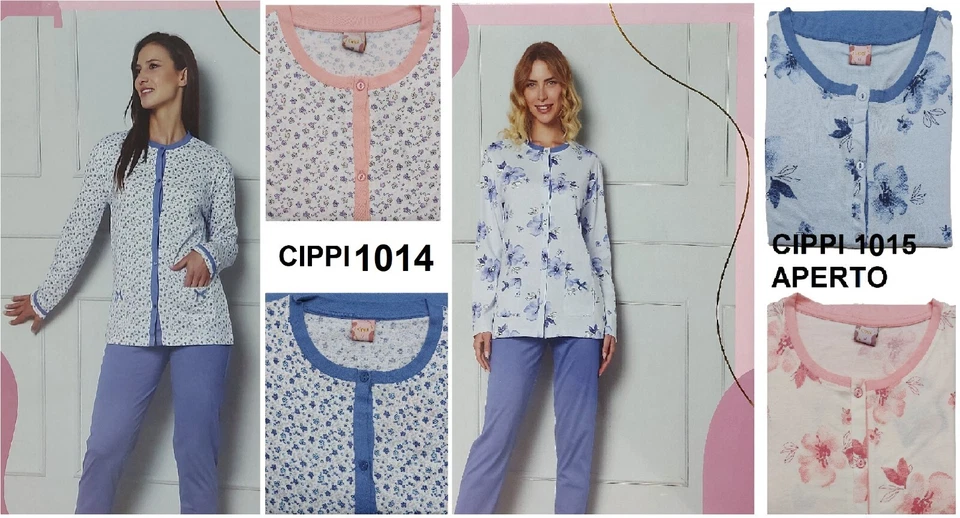 PIGIAMA DONNA APERTO COTONE 100% CON TASCHE STAMPA FLOREALE SENZA POLSINI CIPPI - Immagine 1 di 1