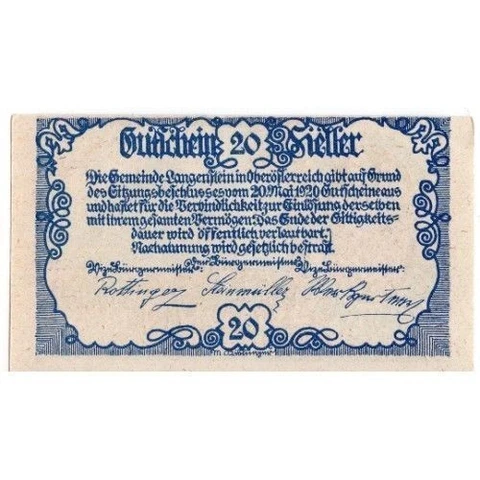 1920 Austria, Notgeld Langenstein, 20 Heller, chevalier (D323) Cover