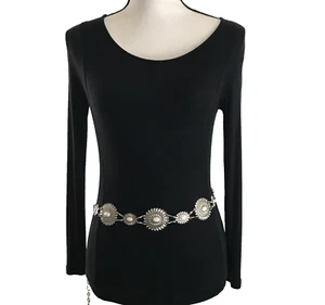 Women's Chain Belt One Size Silver Medallion Concho Beaded Metal Floral Retro - Picture 1 of 11