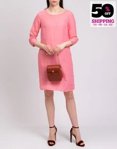 RRP€380 120% LINO Linen Midi Dress IT40 US4 UK8 S Pink Buttoned Cuffs - Picture 1 of 8