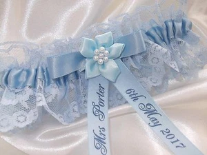 PERSONALISED BLUE BRIDES WEDDING GARTER HEN PARTY GIFT WEDDING FAVOUR - Picture 1 of 3
