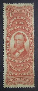 US # RS116 John F Henry 4 centavos ROJO Proprietario Match & Medicine sello (inv F-3) - Imagen 1 de 2