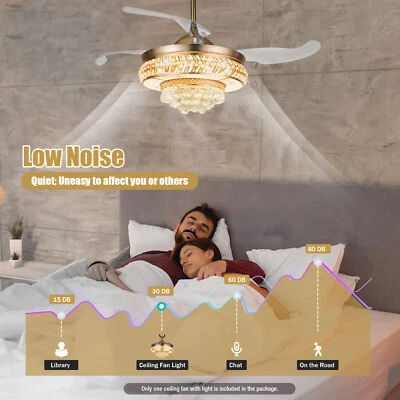 42" Dimmable Invisible LED Ceiling Fan Light Crystal Chandelier Bedroom Remote - Image 1 of 4