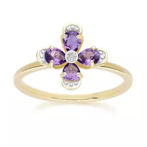 Floreale Ametista & Diamante Anello IN 9ct Oro Giallo - Foto 1 di 8