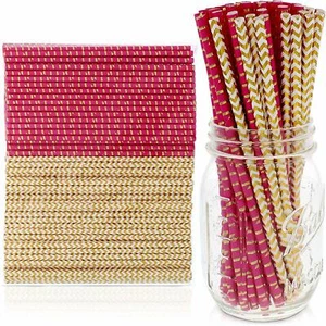 Party on Tap, 200 Pink and Gold Large/Sturdy Paper Straws, 2 Beautiful Designs - Picture 1 of 5