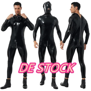DE Herren Glänzendes Lackleder Catsuit Ganzkörper Body Kapuzen Jumpsuit mit Zip - Picture 1 of 22