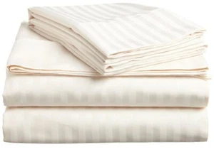 Cream Striped Queen 4 Piece Bed Sheet Set 1000 Thread Count 100% Egyptian Cotton - Picture 1 of 1