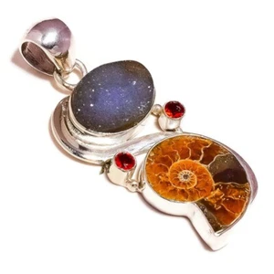 Sea Shell Ammonite, Titanium Druzy, Red Apatite Gemstone Handcrafted Pendant - Picture 1 of 3