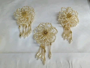 3 Faux Rice Pearl Flower Christmas Ornaments Double Sided Dangling Beads Large - Picture 1 of 14