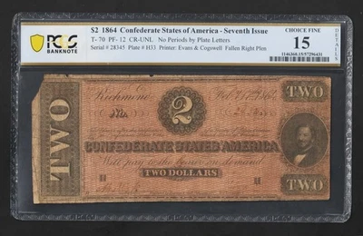 1864 $2 Confederate States Of America PCGS Graded 15 Very Fine - Image 1 of 2