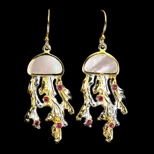 925 Sterling Silver Earrings Round Ruby Mop Jellyfish Natural Gemstone Jewelry - Picture 1 of 13