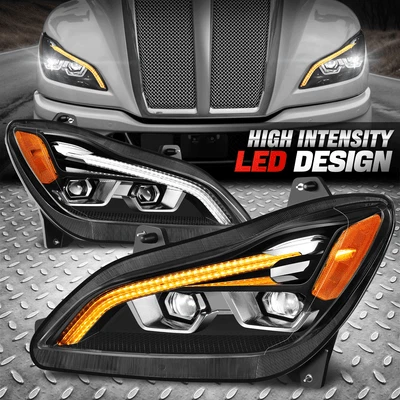 [LED DRL Switchback Signal] For 22-24 Kenworth T680 Projector Headlights Black - Image 1 of 4