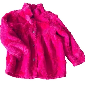 Cach Cach Girls Pink Faux Fur Coat Sz 4 Gem Buttons Matching Satin Lining & Trim - Picture 1 of 7