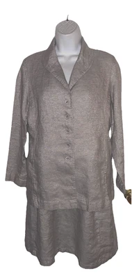 EILEEN FISHER Twinkle Sheath Dress & Jacket Set Taupe Metallic Linen Petite S - Image 1 of 4