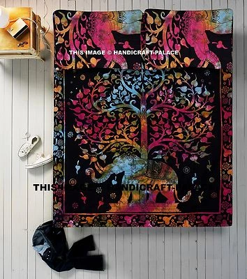 Elephant Tree of Life Mandala Queen Size Bed Sheet Indian Bedding Tapestry Throw - Image 1 of 3