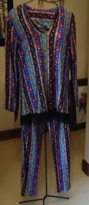 Vtg 60s 70s True Hippy Silky Fringed Top & Gogo Pants 2pc Suit Purple Orange etc - Image 1 of 4