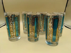 Set Of 6 Vintage Libbey Turquoise Blue & Gold Highball Glasses MCM High Ball  - Picture 1 of 8
