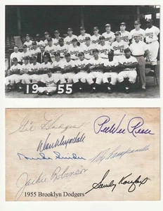 Foto del equipo de los Brooklyn Dodgers 1955 postal 3x5 Robinson ~ Campanella ~ facsímil automático - Imagen 1 de 3