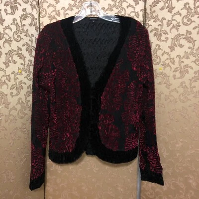 Komarov Black Red Multi-Color Velvet Light Jacket Cardigan Size Medium M - Image 1 of 4