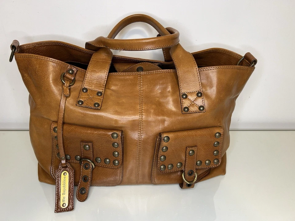 Via Repubblica Genuine Leather LARGE Handbag Purse Made In Italy Tan Brown Foto 1 de 4