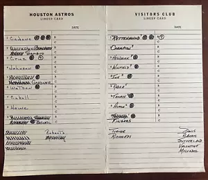 HOSTON ASTROS/S.D. PADRES AUTH OFFICIAL DUGOUT LINEUP CARD CABELL HOWE WINFIELD - Picture 1 of 1