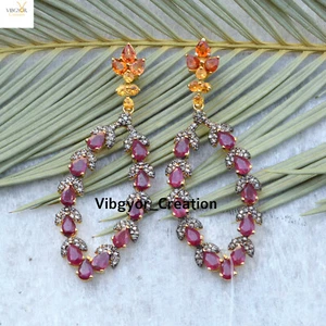 Diamond Ruby Dangle Earrings 925 Sterling Silver Gold Plated Jewelry For Her - Picture 1 of 5