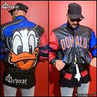 🔥OOAK 90s VINTAGE DONALD DUCK DISNEY LEATHER RACING STRIPED COLORFUL JACKET XL