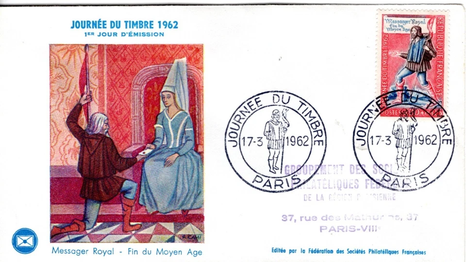 1332 + FDC  ENVELOPPE  1er JOUR   JOURNEE DU  TIMBRE 1962  MESSAGER DU MOYEN AGE - Photo 1/1