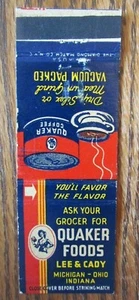 QUAKER STREICHHOLZSCHACHTEL STREICHHOLZHÜLLE: QUÄKER ESSEN & KAFFEE (MICHIGAN OHIO INDIANA) -E17 - Bild 1 von 1