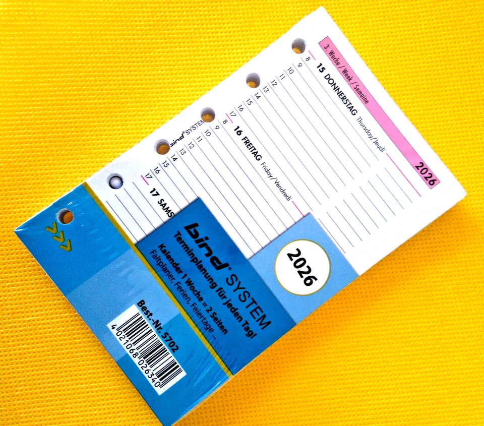 bind Ersatzkalender 2026 für Terminplaner A7 Modell 17501