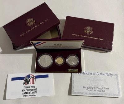 1992 U.S. Mint Olympic Coins Three-Coin Proof Set Gold Silver Clad Coins COA - Image 1 of 4