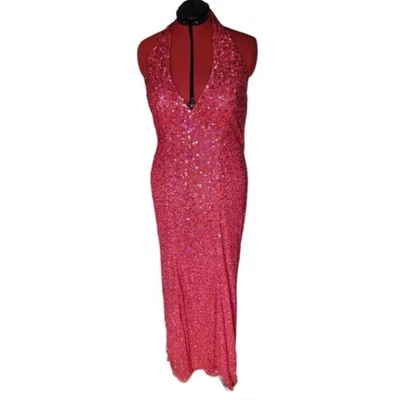 Cassandra Stone red halter beaded maxi dress breast pads, slip, zipper, size 20W - Image 1 of 3