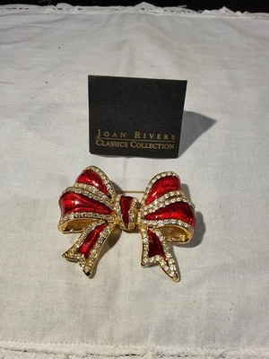 Joan Rivers QVC Crystal Rhinestone Red EnamelBow Christmas Pin Brooch Gold Tone - Image 1 of 4