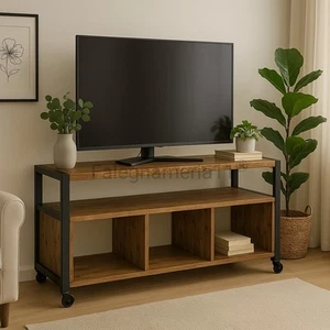 Mobile Porta TV con Ruote in Legno Massiccio e Ferro – Stile Industriale - Foto 1 di 2