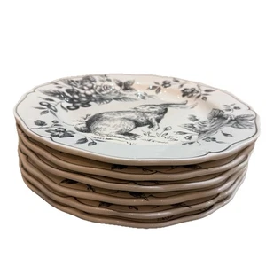 Maxcera Grey Bunny Rabbit Large 11.5” Toile Dinner Plates Set Of 6! - Picture 1 of 19