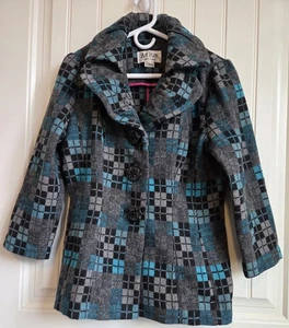 An Ren New York Wollmischung aquamarin schwarz kariert tailliert Jacke Mantel Large - Bild 1 von 12