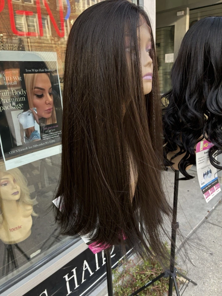 Peluca larga marrón, encaje completo a mano, cosida, mezcla de cabello humano Foto 1 de 4