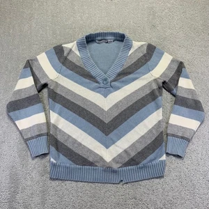 Liz Claiborne Womens Sweater Size Large Blue Gray White Stripe V Neck Button - Picture 1 of 11