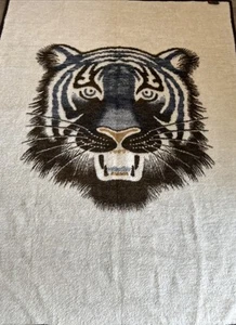 Biederlack Blanket Acrylic Vintage Tiger Portrait Brown Cream Blue 72"x 57" USA - Picture 1 of 3