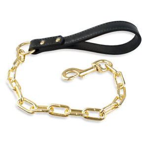 Large Dog Leash Chain Gold Heavy Duty with Leather Handle Chew Proof Short Leads
