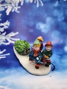 Lemax Christmas FIGURINE Children Pulling Tree Porcelain 1991 Village - Picture 1 of 6
