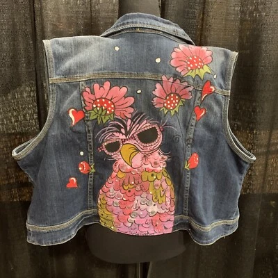Chaqueta Chaleco Denim Mujer Talla 22 Personalizada Pintada a Mano Pájaro Foto 1 de 3