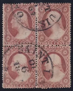 US 25 3c Washington Used Type I Block 4 F-VF appr PF Cert SCV $7000 VERY SCARCE - Picture 1 of 3