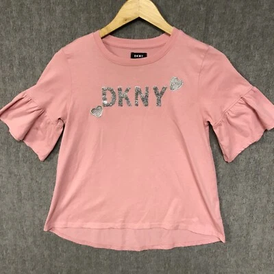 DKNY Shirt Girls XL Pink Top Bell Sleeve Glitter Shiny Heart Tunic FLAWS - Image 1 of 4
