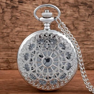 Stainless Steel Vintage Hollow Quartz Pocket Watch Necklace Antique Chain Retro - Picture 1 of 6