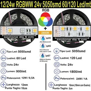 Strip RGBWW (Bianco Caldo) 12/24w 24v 5050 60/120 Led/m kit 5>15m Striscia Led - Foto 1 di 13