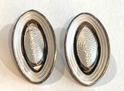 Aksel Holmsen Sterling  Silver WHITE GUILLOCHE OVAL CLIP ON EARRINGS Norway - Image 1 of 4